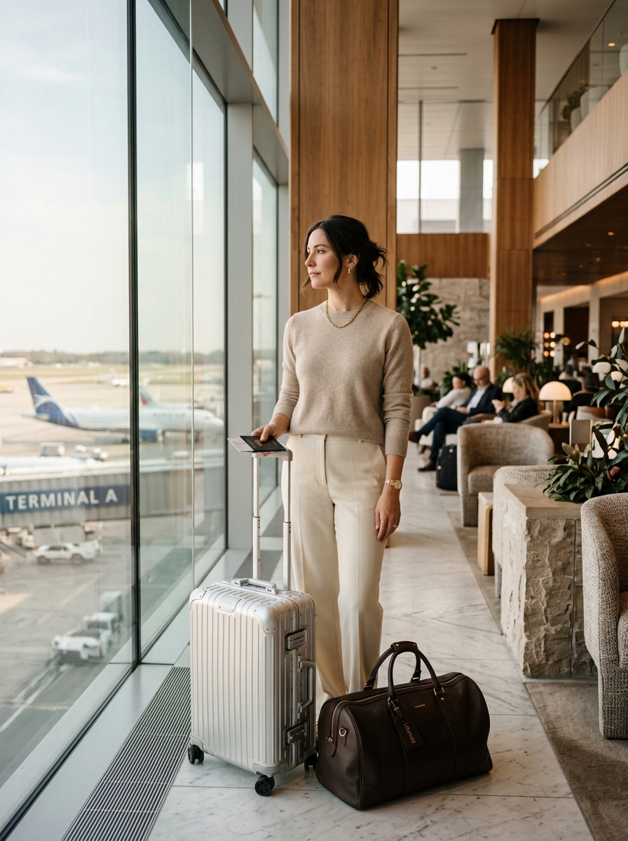 A stylish traveller in an airport VIP lounge with premium luggage overlooking the runway