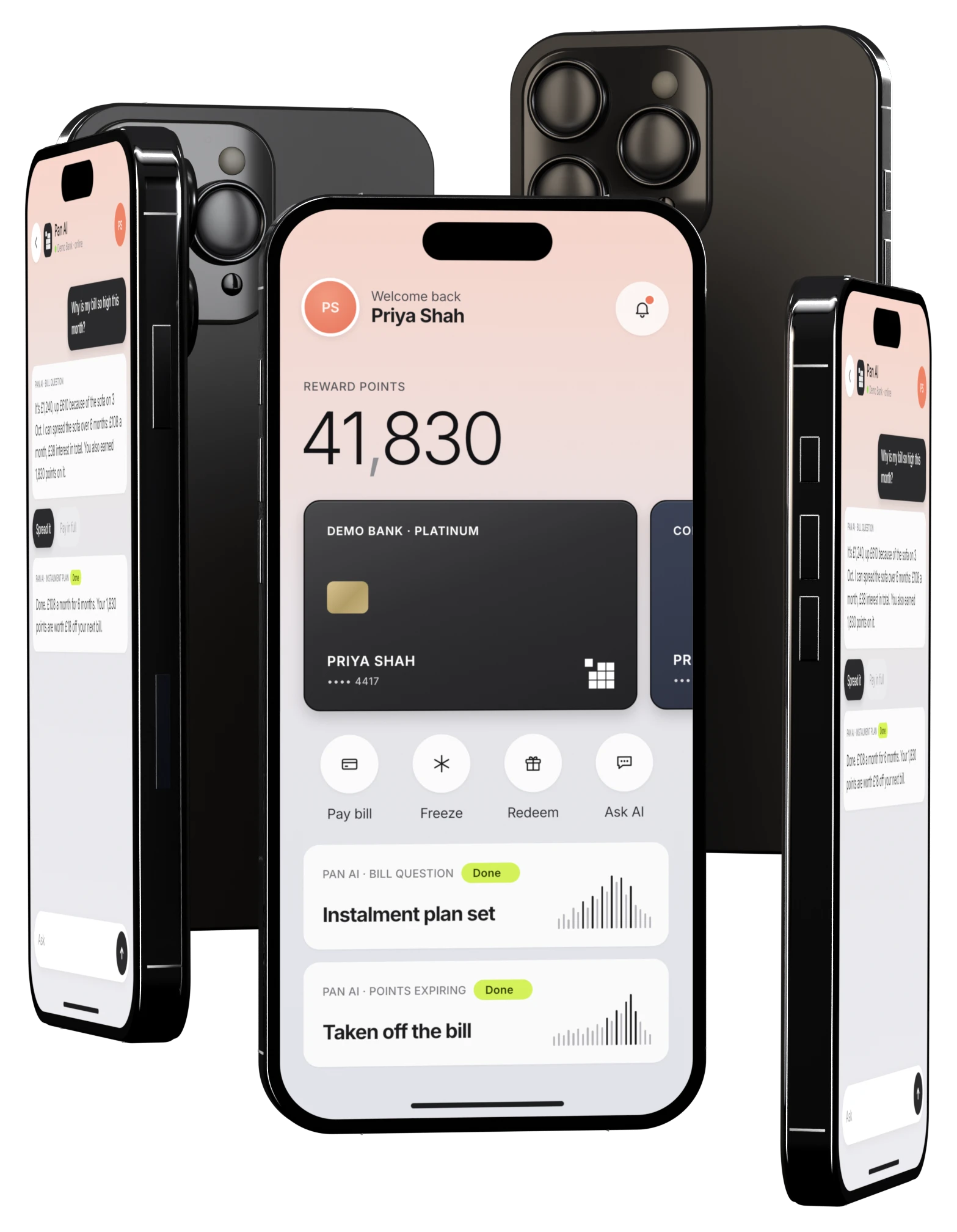 Four iPhones on a light background: the Demo Bank app's home screen in front, showing 41,830 reward points and a platinum card, with the Pan AI chat on the phones either side